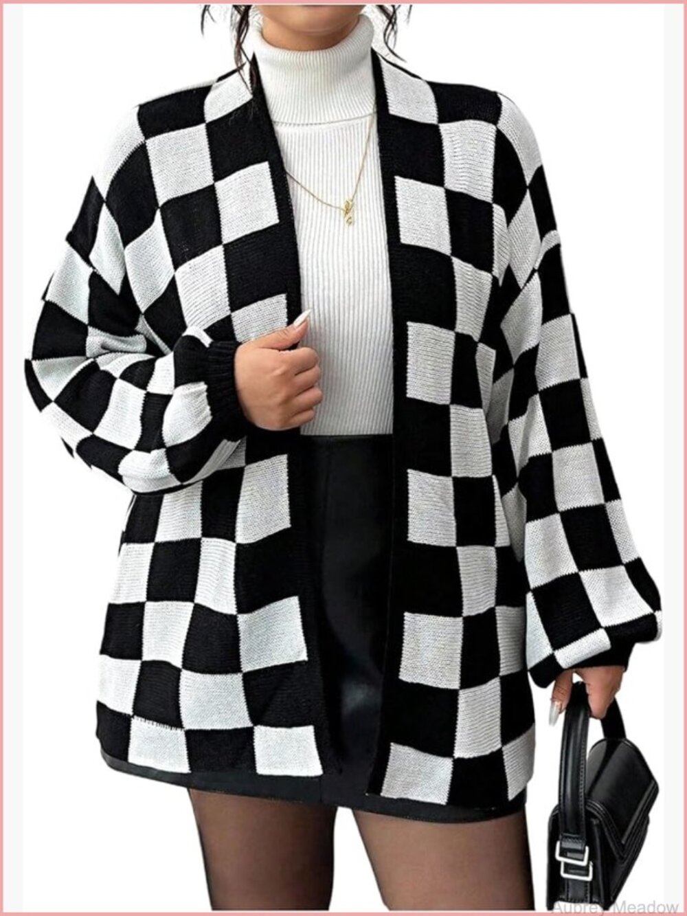 Plus Size Open Front Knit Cardigan Sweater Plaid Checkered Long Sleeve Loose Fit